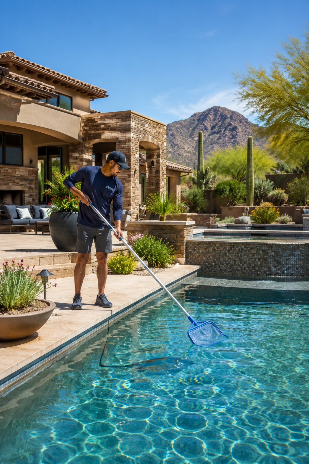 Burro Pools technician servicing a backyard pool